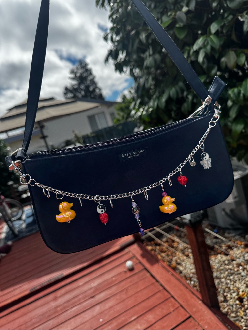 kate spade black nylon shoulder bag with silver charm chain